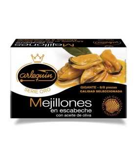 ARLEQUIN Serie Oro Mejillón de las Rias Gallegas en Escabeche, Pack de 4 Latas de 120 grs. y 6/8 Unds (480 grs. y 24/32 Unds)